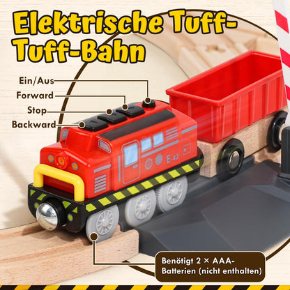 Lehoo Castle Holzeisenbahn Set mit Elektrolok und Kran, 68-teilig