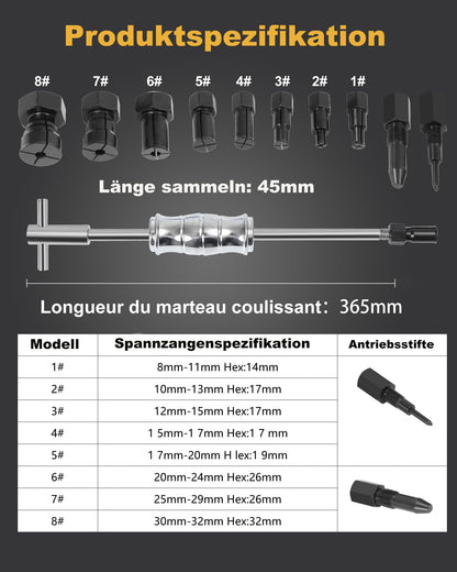 XSTARYE Innenlager Abzieher Set mit Gleithammer, 8 Spannzangen 8–32 mm