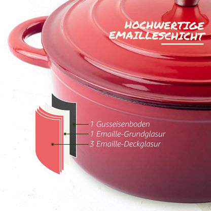 Overmont Schmortopf Gusseisen 26 cm Emaille Bräter mit Deckel rot