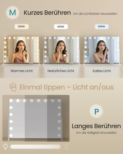 SONGMICS Schminkspiegel mit Beleuchtung, 18 LED, 80 x 60 cm, weiss