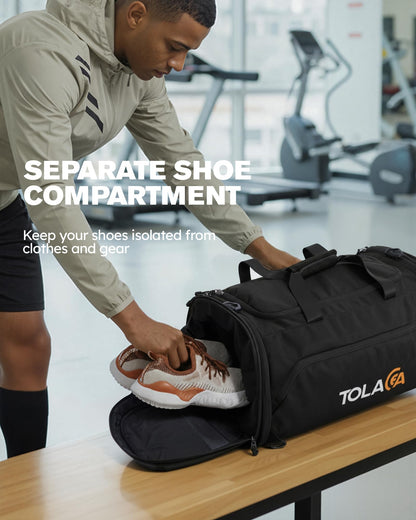 Tolaccea Sporttasche 56-70L erweiterbar mit Schuhfach, schwarz