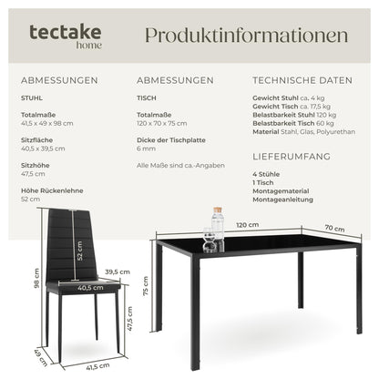 tectake Essgruppe Esstisch & 4 Stühle Kunstleder – Schwarz