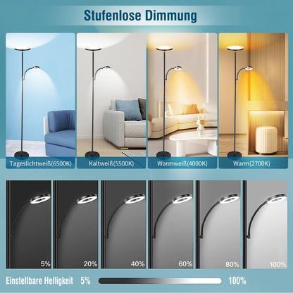 Moderne LED Deckenfluter Stehlampe – dimmbar mit Leselampe