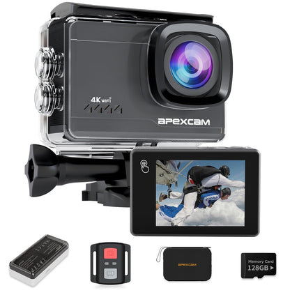 Apexcam M90 Action Cam 4K 60FPS 64MP wasserdicht mit 128GB Karte, Touchscreen, Schutzgehäuse