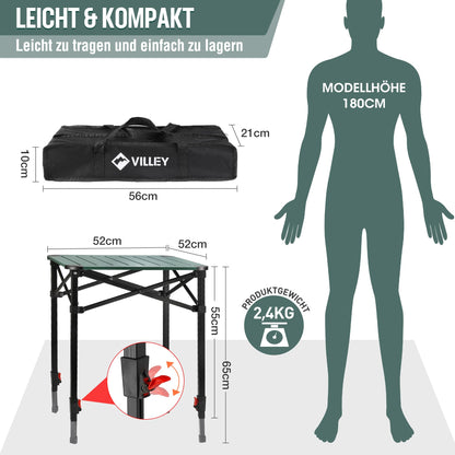 VILLEY Faltbarer Aluminium Campingtisch – mit Tragetasche
