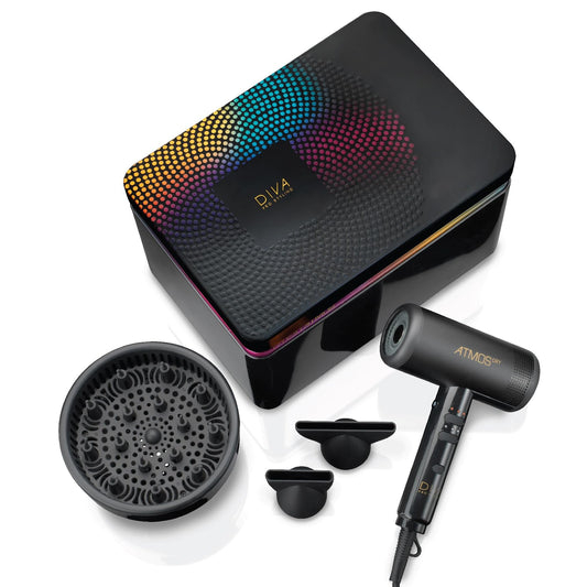 Diva Atmos Föhn Dry – Professioneller Haartrockner Schwarz. Der schwarze Föhn dient zur Haartrocknung und zum präzisen Styling.