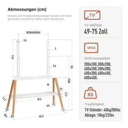 ECOTINY Easel Design TV Ständer mit Rollen – 49-75 Zoll