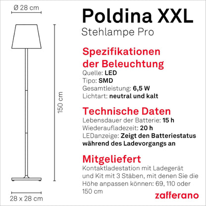 Zafferano Poldina XXL Akku-Stehleuchte, Weiss, höhenverstellbar