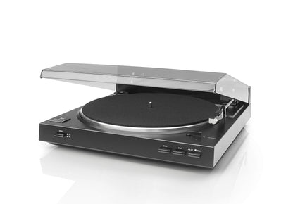 Dual DT 210-1 USB-Plattenspieler - 2 Geschwindigkeiten, Schwarz. Flaches, schwarzes Rechteckgehäuse mit Plattenteller und Tonarm. Spielt und digitalisiert Vinyl-Schallplatten (33/45 U/min).