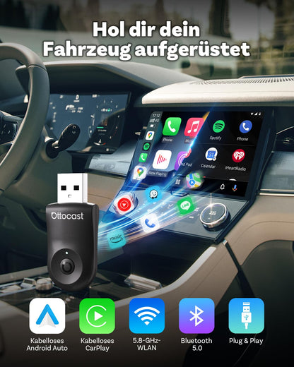 OTTOCAST MINI kabelloser CarPlay Android Auto Adapter - Schwarz