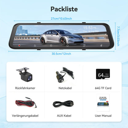Smart 2025 12 Zoll 4K Dashcam Spiegel - CarPlay Android Auto