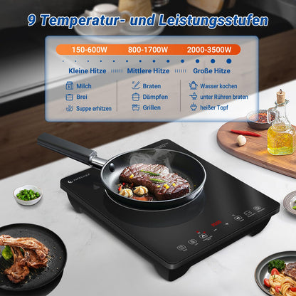 AMZCHEF Induktionskochplatte Einzel, 3500 W, Doppelring, 9 Stufen