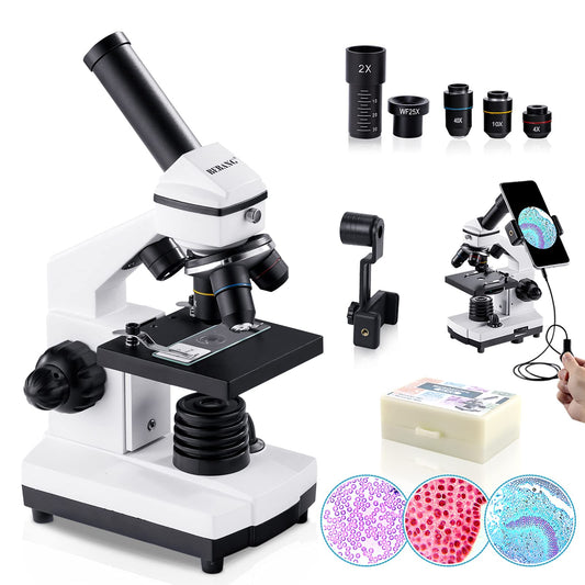 BEBANG 100X-2000X Profi Biologiemikroskop für Kinder & Erwachsene. Aufrecht, weiß/schwarz, mit Okular, Objektivrevolver & Kreuztisch. Analysiert Mikroorganismen.