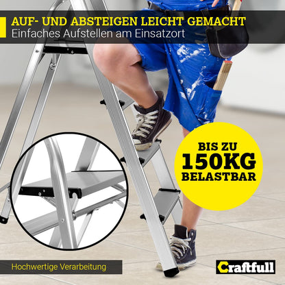 CRAFTFULL CF-133B Alu Klappleiter mit Ablage – 4 Stufen Haushaltsleiter