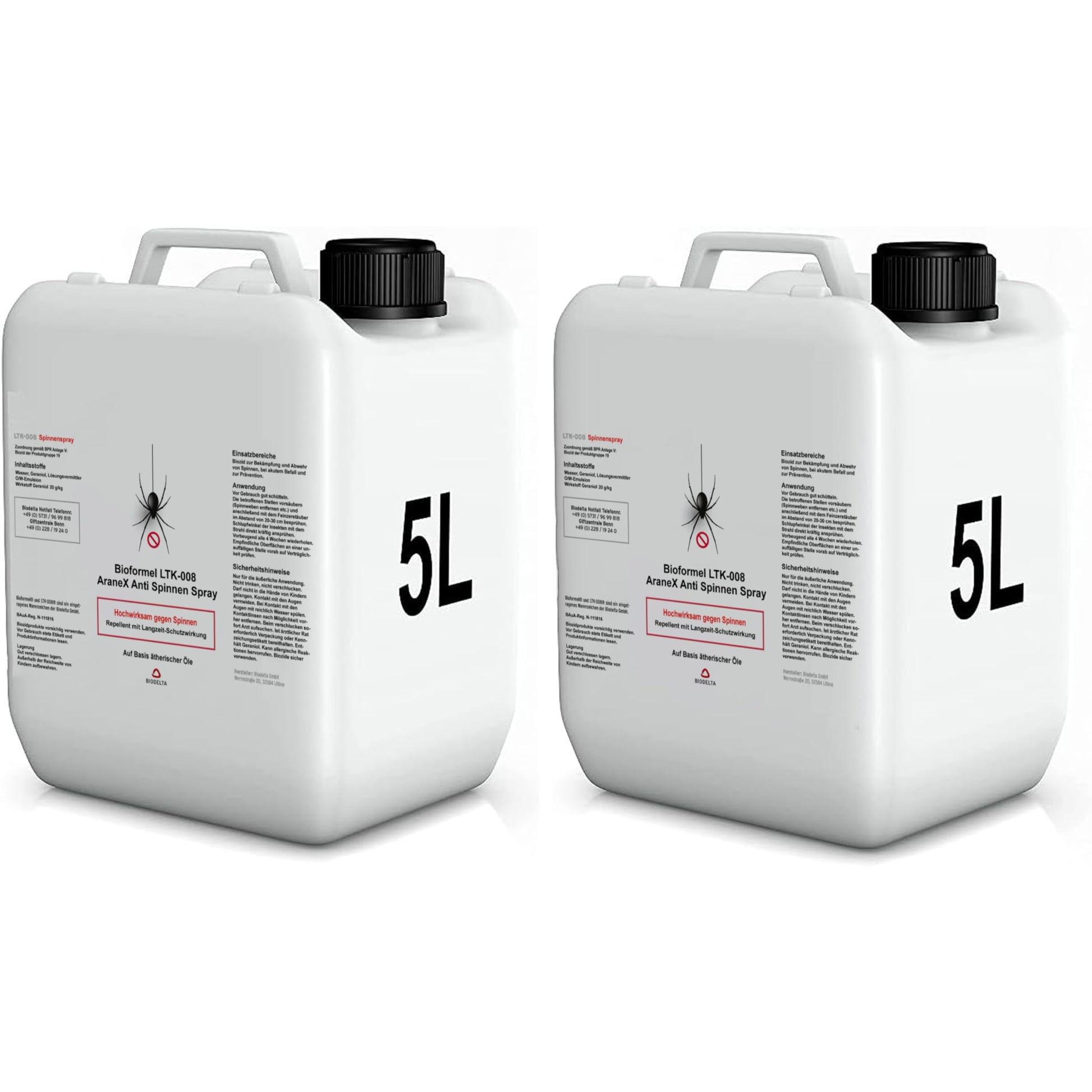 BIODELTA LTK-008 Spinnenspray Langzeitwirkung - 2x5L: Zwei weiße 5-Liter-Kanister. Tötet Spinnen langfristig zur Anwendung auf Oberflächen.
