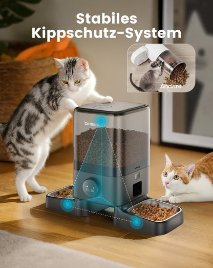 oneisall Futterautomat Katzen 5L, 2 Edelstahlnäpfe, 1-6 Mahlzeiten