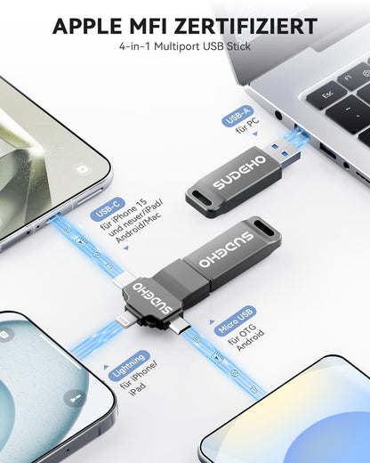 SUDEHO USB Stick 128 GB, 4-in-1 Speicherstick für iPhone, Schwarz