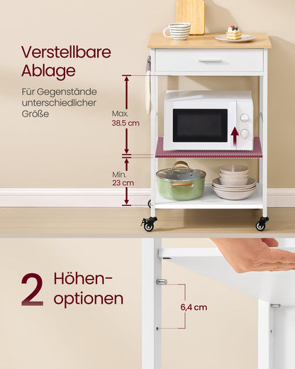 VASAGLE Küchenwagen mit Rollen und Schublade, eichenbeige-mattweiss