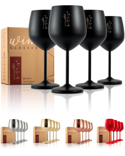 Gusto Nostro Weingläser Edelstahl, unzerbrechlich, Schwarz, 4er Set – Kelche mit Stiel und Sockel