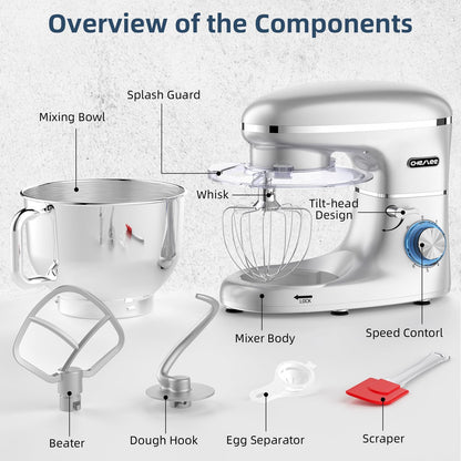 CHeflee Küchenmaschine Teigmaschine 2000W Knetmaschine,Mit 6.2L EdelstahlschüSsel,6 Geschwindigkeit Reduzierte GeräUsche,Mit RüHrbesen,RüHrhaken,SpritzwassergeschüTzter Knetmaschine Mit Knethaken