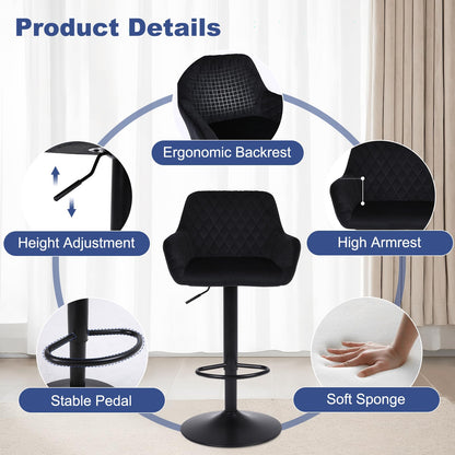 ralex-chair Samt Barhocker - höhenverstellbar drehbar schwarz 2er Set