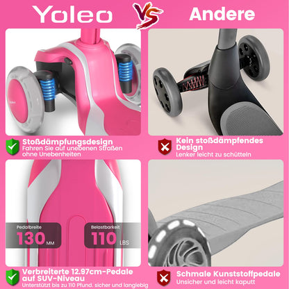 Yoleo Kinderscooter Dreiradroller mit leuchtenden Rädern, rosa-weiss