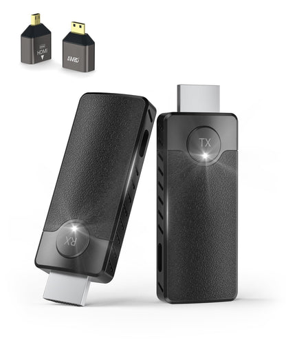 AIMIBO Kabelloser HDMI Sender Empfänger 1080P - 4K Dekodierung: Zwei schwarze, rechteckige Geräte für drahtlose HDMI-Videoübertragung von Quelle zu Display.