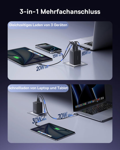 Baseus Enerfill USB-C Ladegerät 100W, 3-Port GaN Netzteil Schwarz