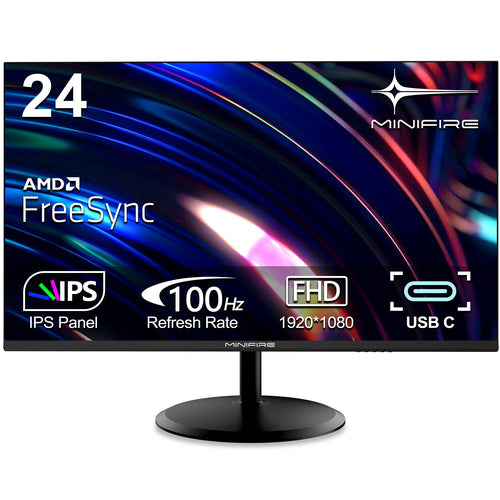 Minifire 24 Zoll FHD USB-C Computer Monitor - MF24X3AC 100Hz. Schwarzer, rechteckiger Bildschirm. Zeigt Computerinhalte flüssig mit 100Hz und FHD-Auflösung via USB-C an.