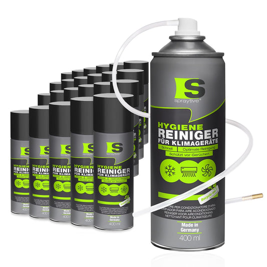 Spraytive Klimaanlagenreiniger Auto & Haus – 24x 400ml. Typische Spraydose. Desinfiziert und reinigt Klimaanlagen in Fahrzeugen und Gebäuden.