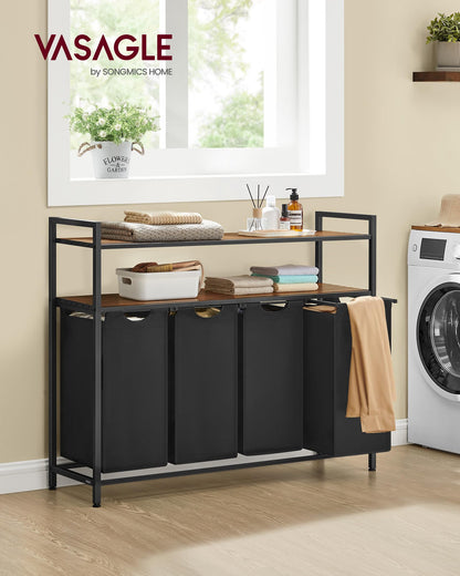 VASAGLE Wäschekorb 4 Fächer, 2 Ablagen - Vintagebraun-Schwarz BLH214B01