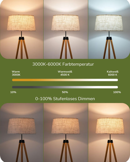 EDISHINE Stehlampe Dimmbar - Boho Holzstativ Leinen & Fernbedienung