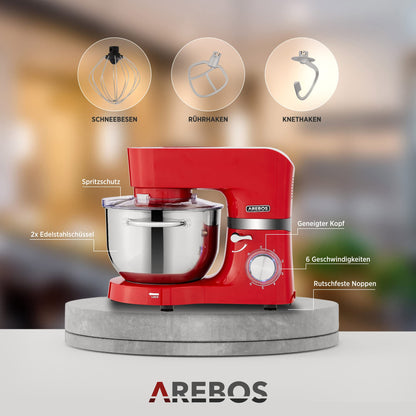 Arebos Küchenmaschine 1500 W, Knetmaschine mit 2 Schüsseln, Rot