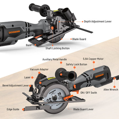 DOVAMAN Mini Handkreissäge, 710W 115mm Handkreissäge w/Laser, 3500RPM, Metall-Hilfsgriff, 43mm (90°), 29mm (45°) Schnitttiefe, 6 Sägeblätter, ideal für Holz, Weichmetall, Kunststoff, Fliesen–MCS01A
