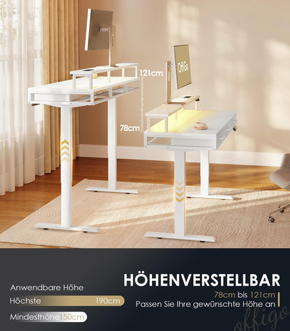 OffiGo Elektrischer Schreibtisch Höhenverstellbar 120cm Weiss m. Schubladen