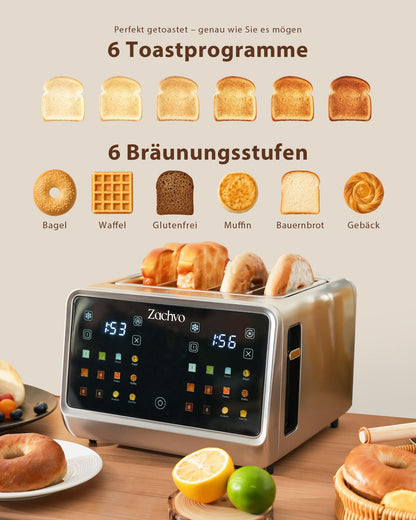 ZACHVO Toaster 4 Scheiben Edelstahl mit Touchscreen & 2 Toastzonen