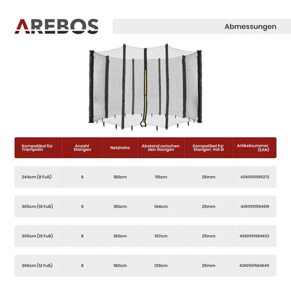 Arebos Trampolin Randabdeckung und Sicherheitsnetz, 366 cm, 8 Stangen