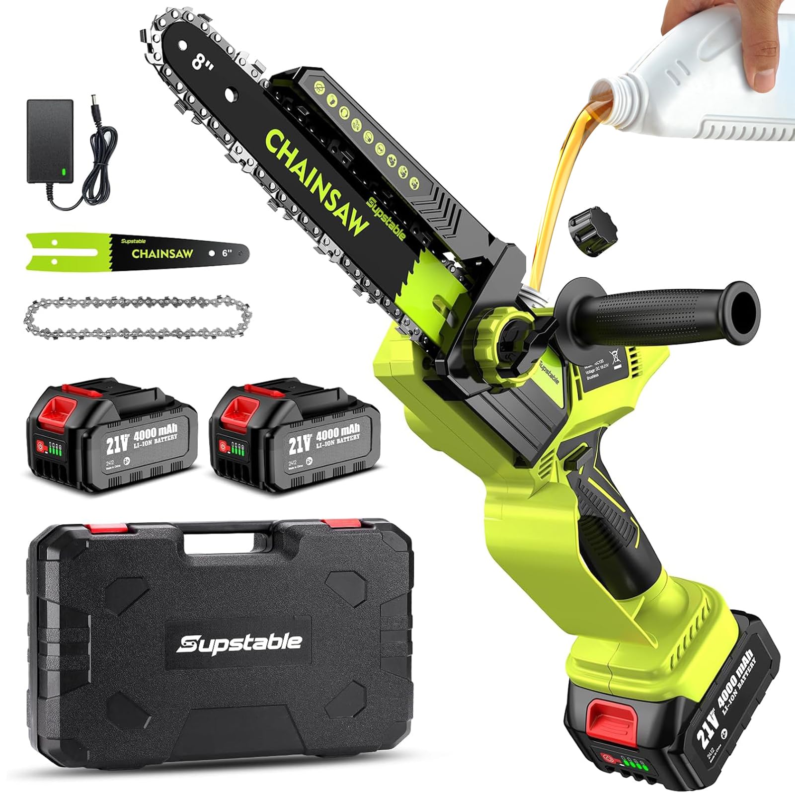 Supstable Akku Mini Kettensäge 1300W bürstenlos, 8 und 6 Zoll, 2 Akkus, Einhand-Führung, halbtransparenter Öltank