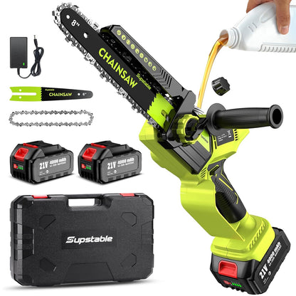 Supstable Akku Mini Kettensäge 1300W bürstenlos, 8 und 6 Zoll, 2 Akkus, Einhand-Führung, halbtransparenter Öltank