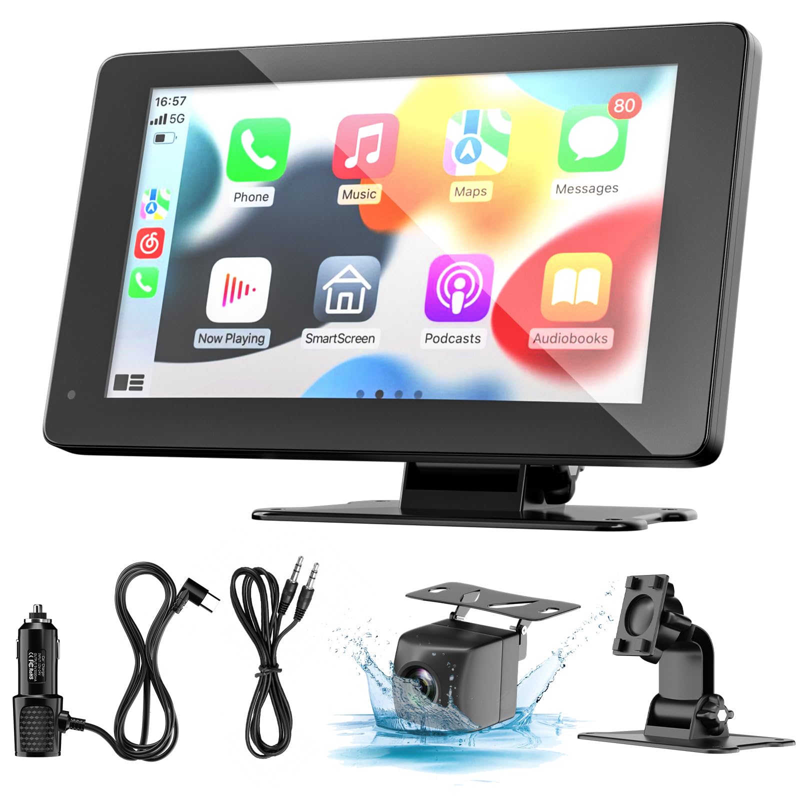 Wireless Carplay Android Auto Display 7 Zoll - Standfuss, rechteckig, schwarz auf Standfuss. Ermöglicht Navigations- und Multimediafunktionen im PKW.