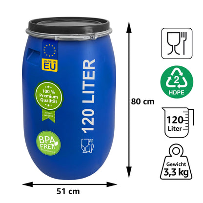 plasteo Weithalsfass 120 Liter mit Deckel und Spannring, Blau