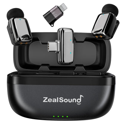 zealsound M6 Mini Lavalier Mikrofon kabellos mit Geräuschunterdrückung, Set mit zwei Sendern und Ladebox
