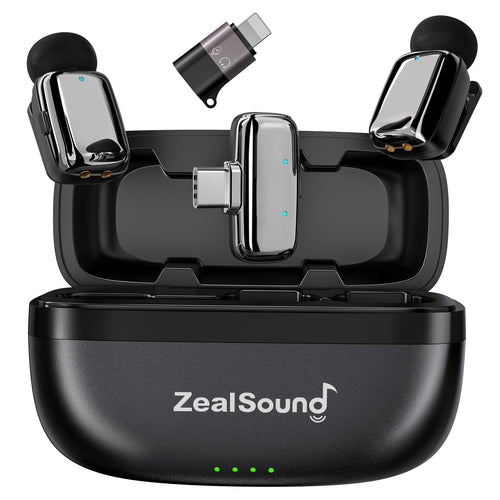 zealsound M6 Mini Lavalier Mikrofon kabellos mit Geräuschunterdrückung, Set mit zwei Sendern und Ladebox