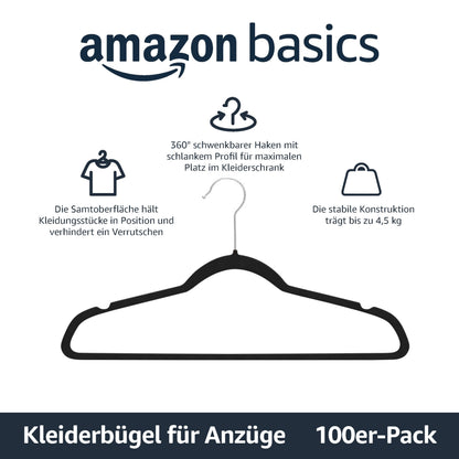 Amazon Basics Kleiderbügel schmal rutschfest, 100er-Pack, Schwarz