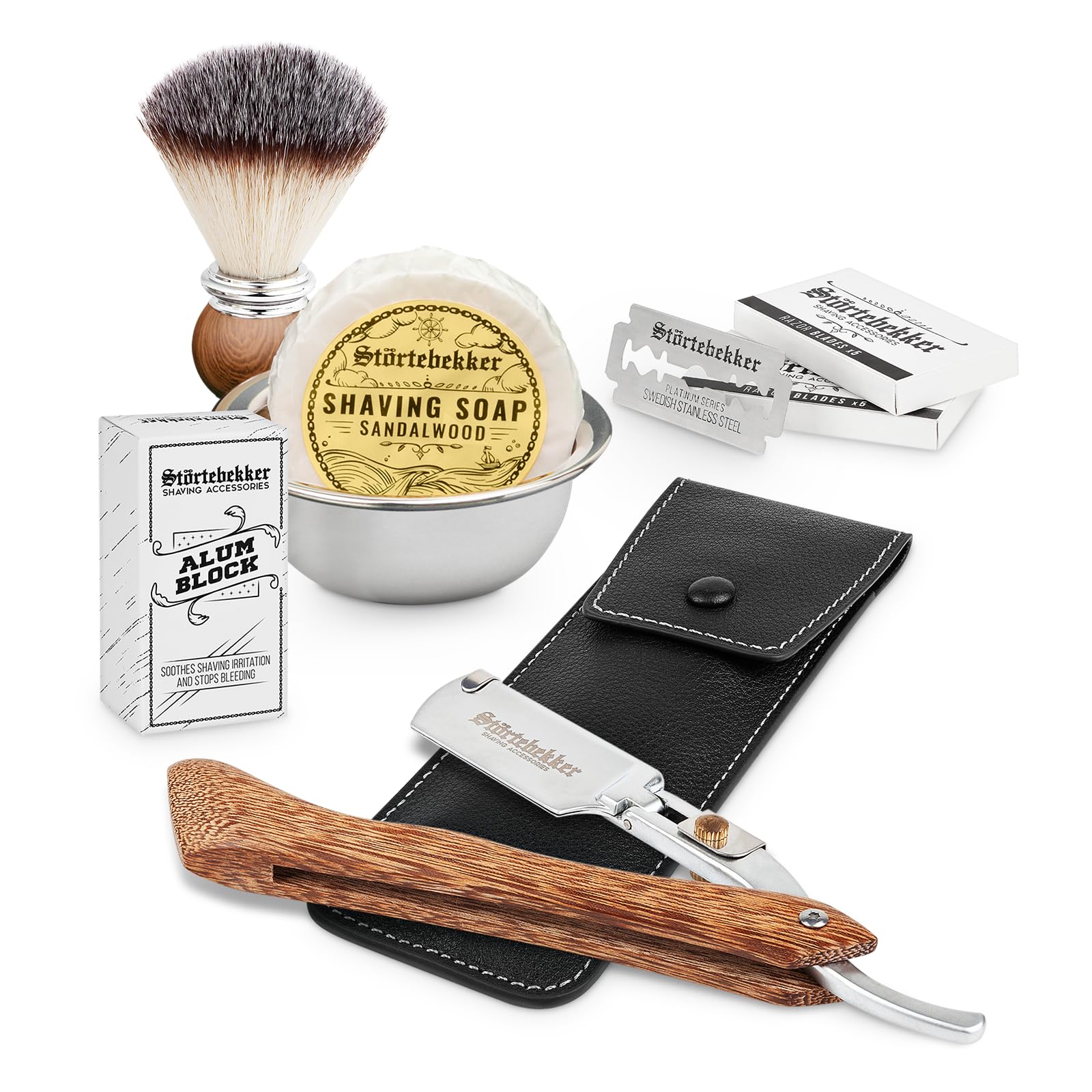 Störtebekker Premium Rasiermesser Set – Herren mit Lederetui, silbernes Rasiermesser und braunes Lederetui. Zur präzisen Gesichtsrasur.