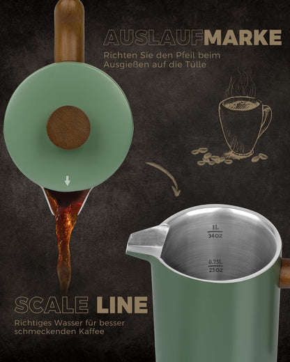 Poliviar French Press Kaffeebereiter 1 Liter, Edelstahl, Grün