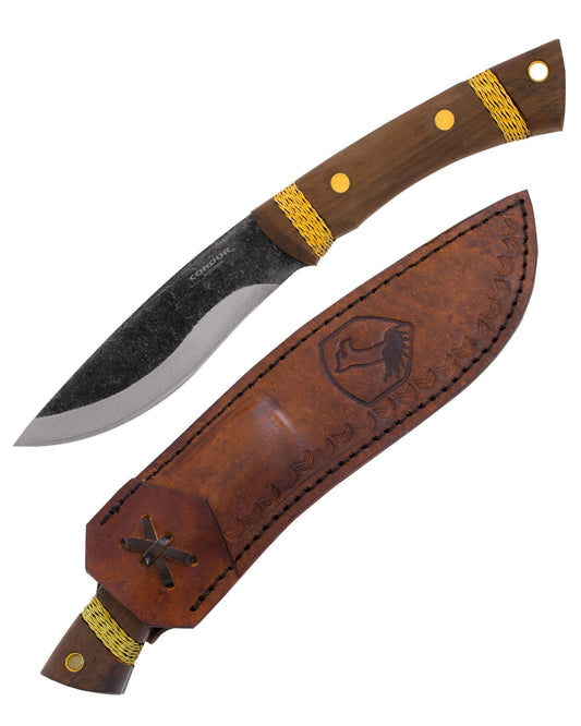Condor Large Huron Fixed Blade Bushcraft Messer - Schwarz. Großes Messer mit feststehender, schwarzer Klinge und Griff. Zum Schnitzen und zur Holzbearbeitung beim Bushcraft.