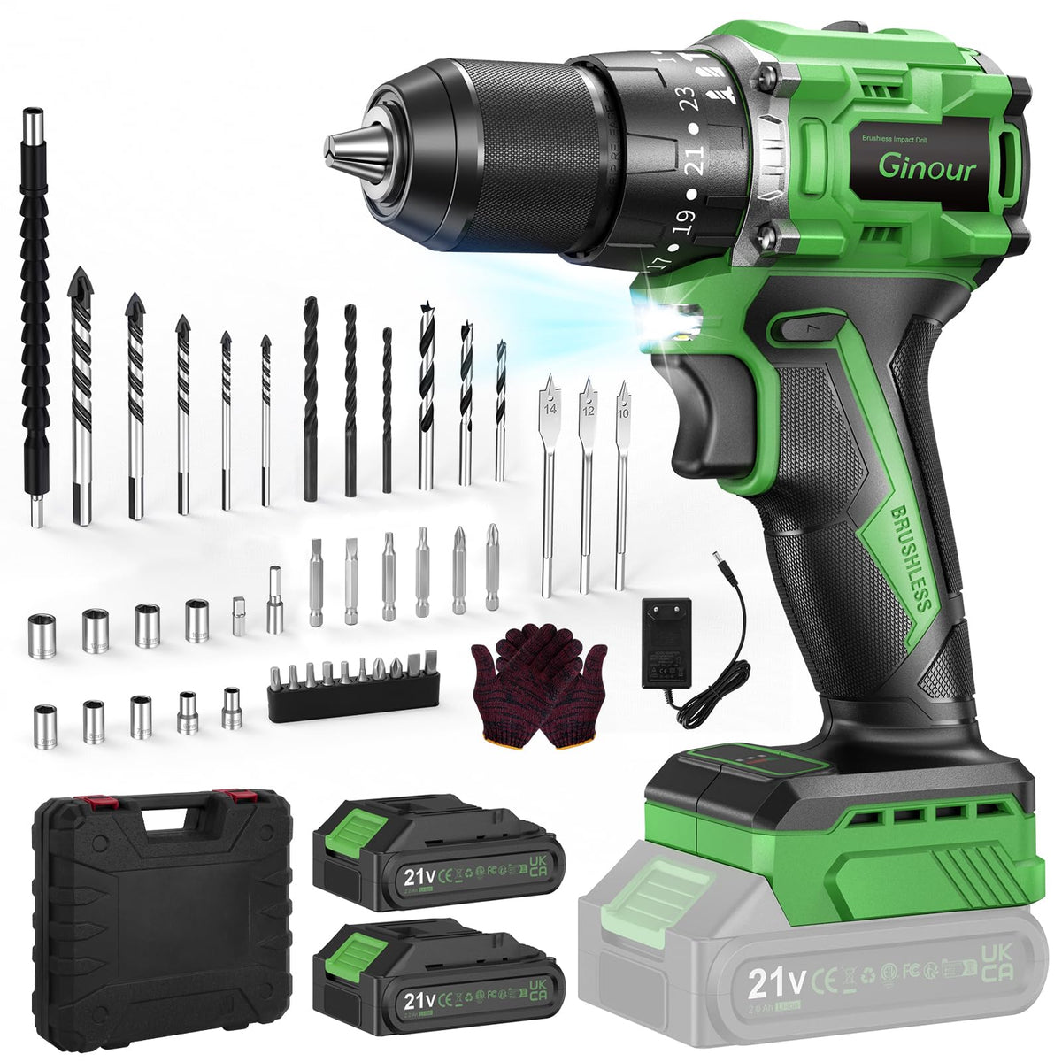 Ginour Akku-Schlagbohrschrauber 21V, bürstenlos, 50 Nm, 2x 2Ah Akkus mit Zubehör-Set und Koffer
