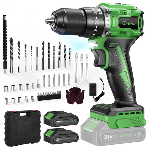Ginour Akku-Schlagbohrschrauber 21V, bürstenlos, 50 Nm, 2x 2Ah Akkus mit Zubehör-Set und Koffer