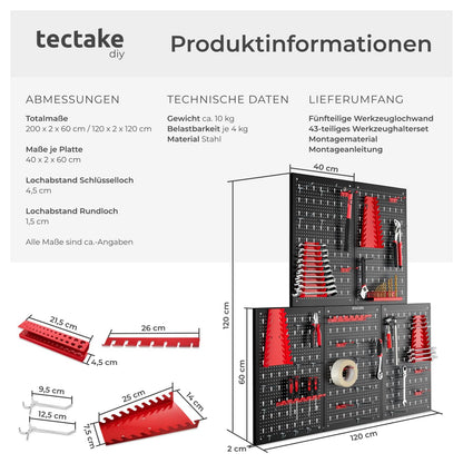 tectake Werkzeug-Lochwand aus Metall 200 x 60 cm inkl. Haken-Set